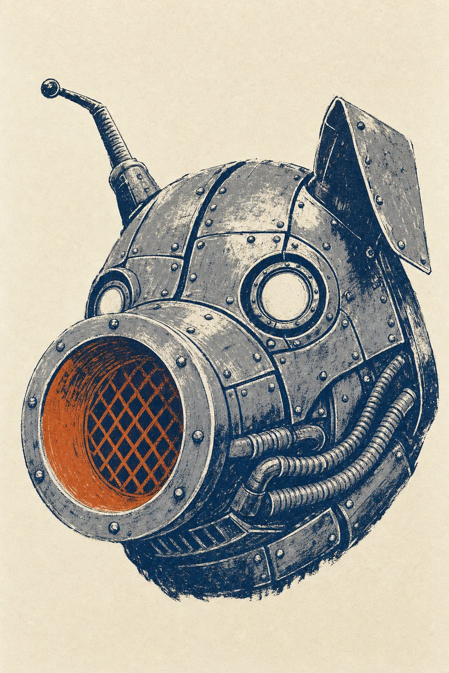 Close crop woodcut print of the mechanical hog head, showing riveted plates, a funnel snout with mesh grating, and a blank glass lens for an eye.