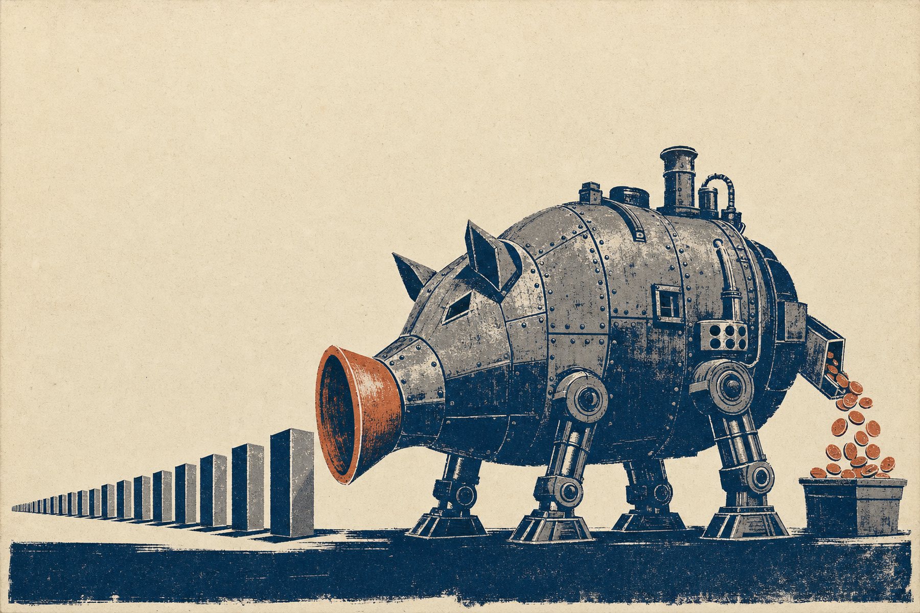 Wide woodcut style print. The mechanical hog stands at the right. A long line of small identical blocks stretches away to the left, feeding into its funnel snout. Coins drop from a chute at the back into a bucket.