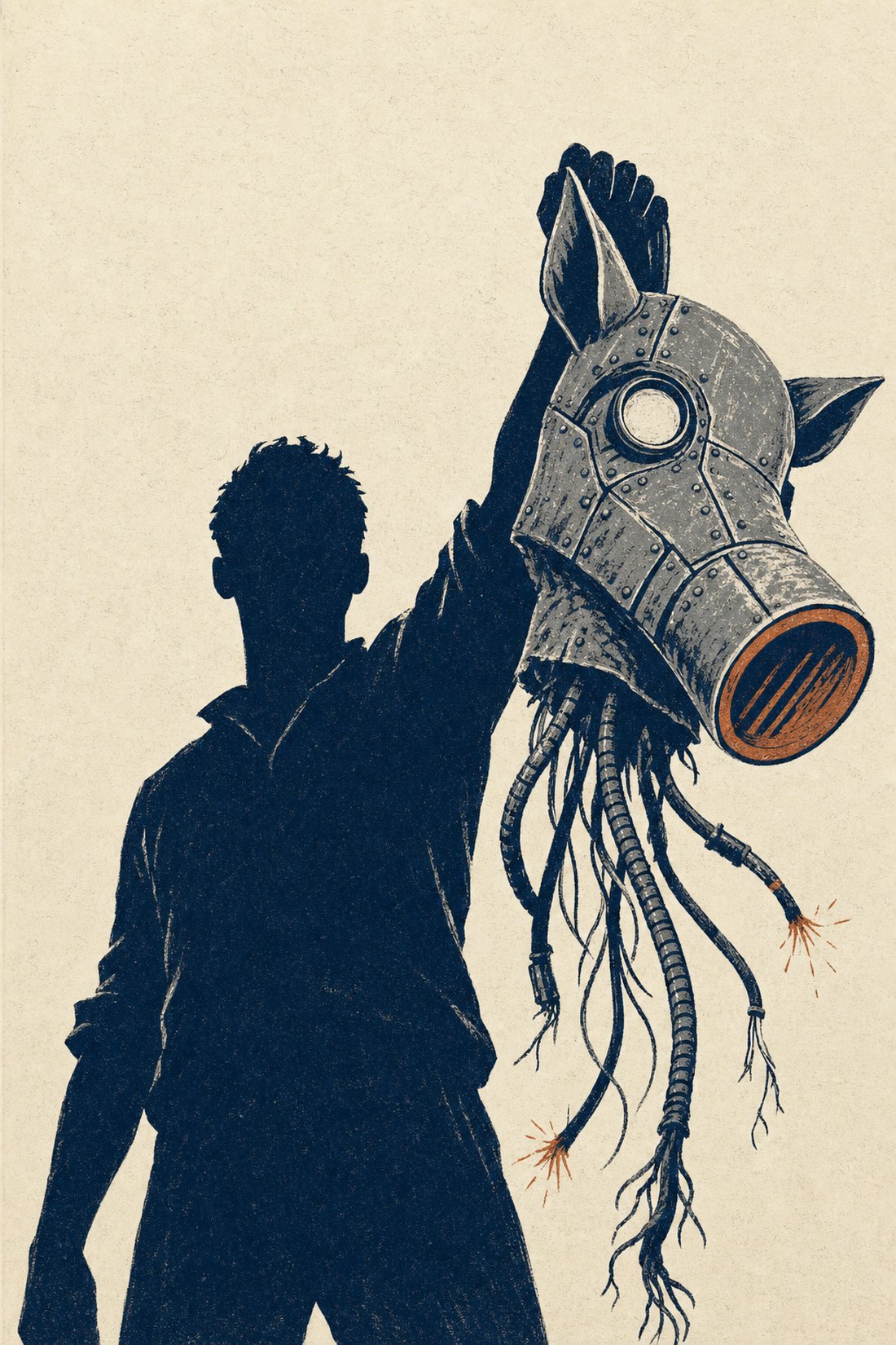 Woodcut style print of the black silhouette of a young man standing with one arm raised, holding up the severed mechanical hog head by the snout, with cut cables and hoses hanging down from it.
