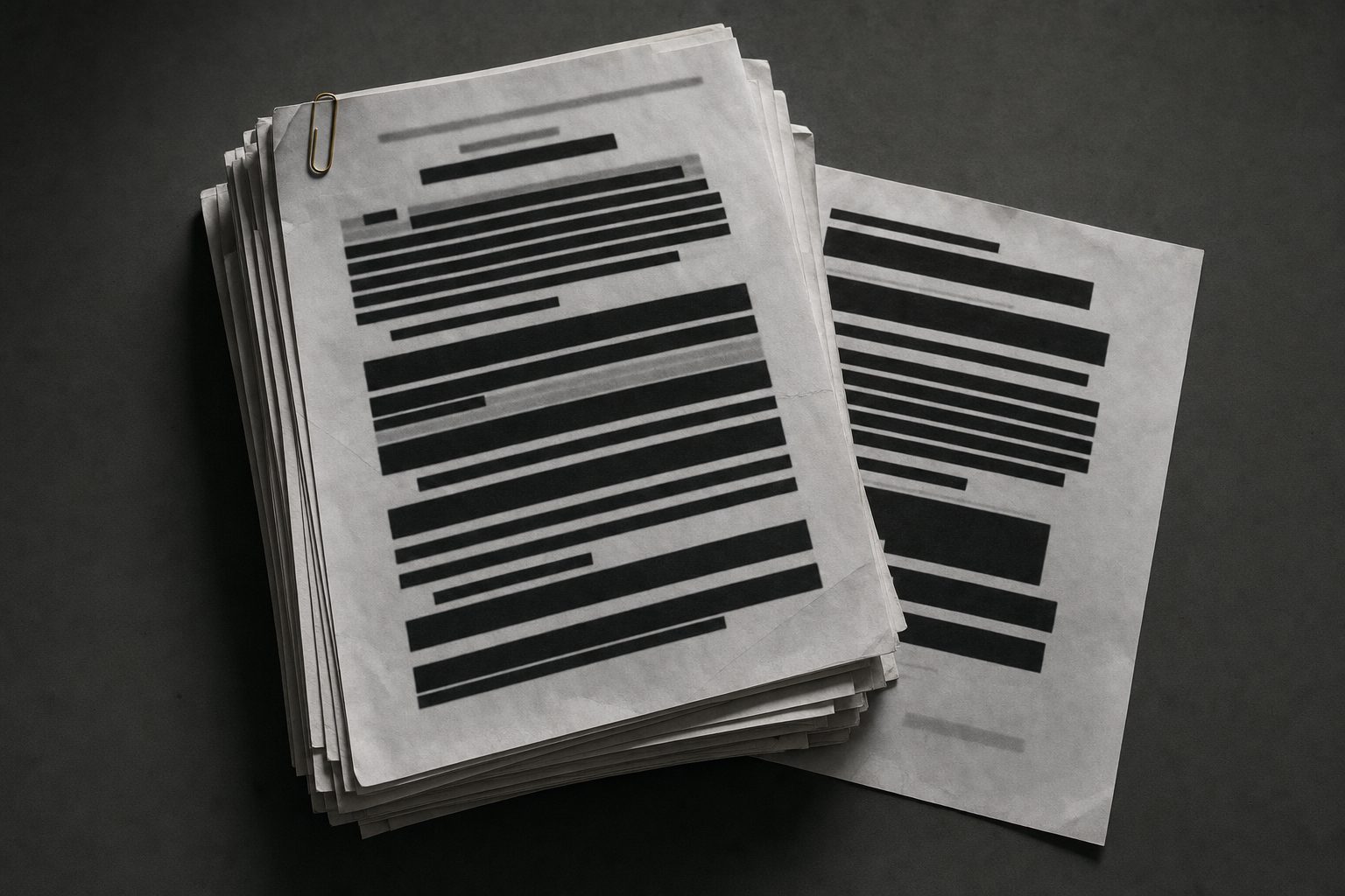 A desk covered in stacked printed documents under a lamp.