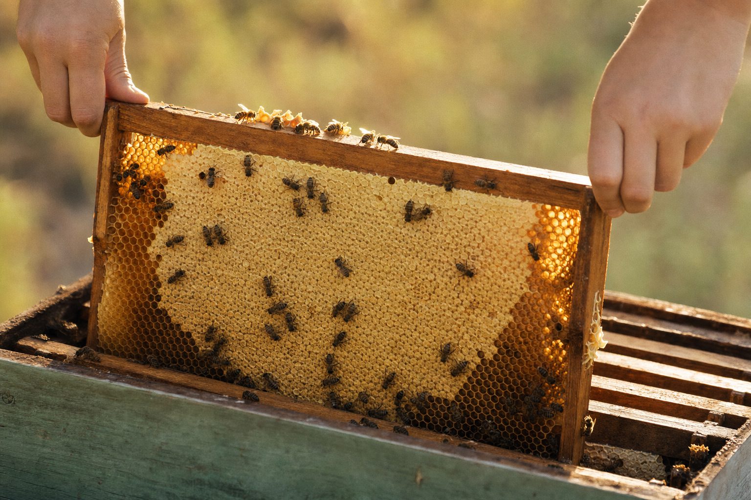 Hands lifting a honeycomb frame out of a beehive in a sunlit field.